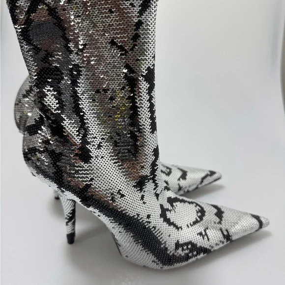 Balenciaga Knife Sequin High Heel Sock Booties Silver Women’s EU 37/US 7 - Picture 3 of 9